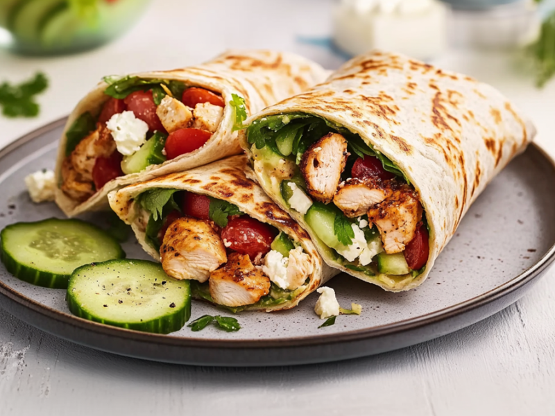 Ein Teller mit drei Hähnchen-Wraps, die unter anderem mit gebratenen Hähnchen-Stücken, Gurke, Tomaten, Babyspinat und Feta gefüllt sind. Auf dem Teller liegen außerdem zwei Gurkenscheiben zur Deko. Im Hintergrund kann man einzelne Spinatblätter, eine Tomate und einen Block Feta erkennen. Außerdem ragt ein Löffel ins Bild.