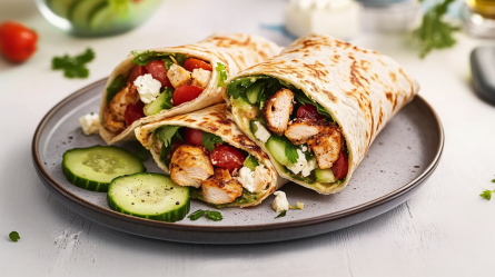Ein Teller mit drei Hähnchen-Wraps, die unter anderem mit gebratenen Hähnchen-Stücken, Gurke, Tomaten, Babyspinat und Feta gefüllt sind. Auf dem Teller liegen außerdem zwei Gurkenscheiben zur Deko. Im Hintergrund kann man einzelne Spinatblätter, eine Tomate und einen Block Feta erkennen. Außerdem ragt ein Löffel ins Bild.