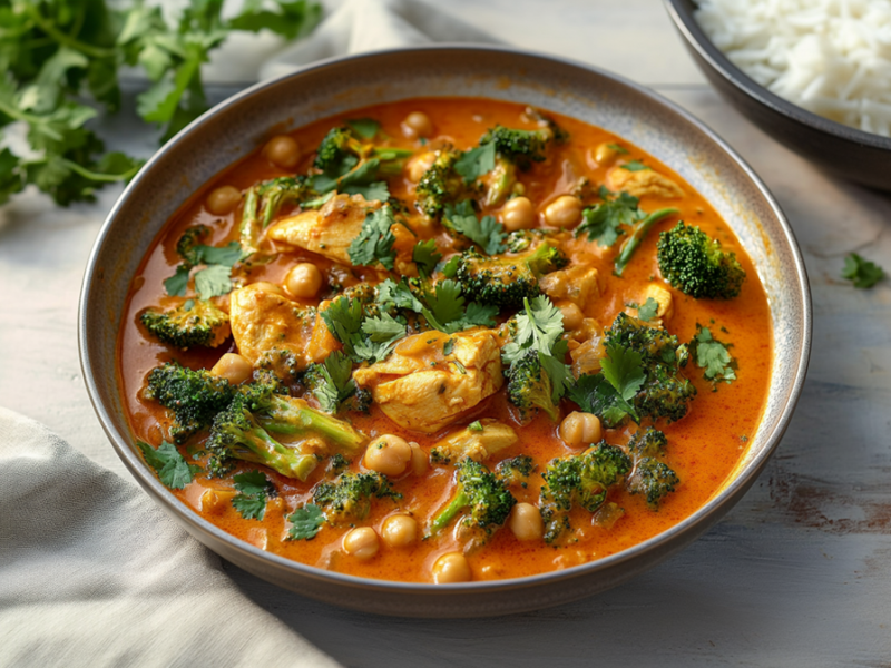 Ein Teller mit Hähncheneintopf mit Brokkoli und Kichererbsen, der mit frischem Koriander garniert ist. Neben dem Teller steht ein weiterer Teller mit Reis. Außerdem liegen frischer Koriander, ein Küchenhandtuch und einzelne Kichererbsen herum.