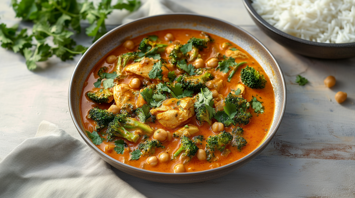 Ein Teller mit Hähncheneintopf mit Brokkoli und Kichererbsen, der mit frischem Koriander garniert ist. Neben dem Teller steht ein weiterer Teller mit Reis. Außerdem liegen frischer Koriander, ein Küchenhandtuch und einzelne Kichererbsen herum.