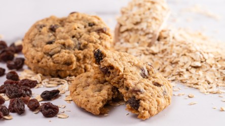 Mehrere zuckerfeie Haferflockenkekse mit Joghurt und Rosinen. Daneben finden sich Zutaten.