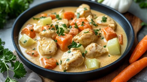 Kohlrabi-Hähnchen-Pfanne auf einem Tisch