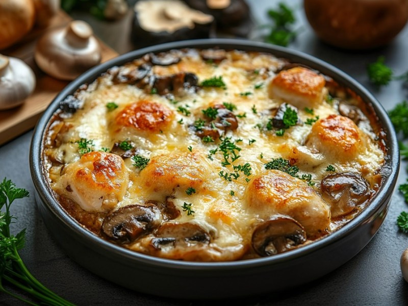 Auflaufform mit Hähnchen-Champignon-Gratin