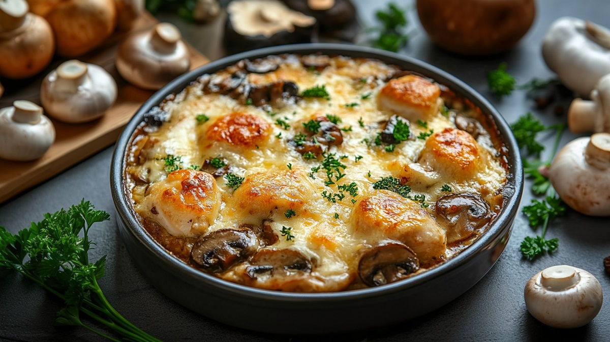 Auflaufform mit Hähnchen-Champignon-Gratin