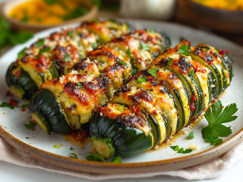 Drei Hasselback-Zucchini liegen auf einem Teller. Sie sind mit Käse überbacken und mit frischen Kräutern bestreut. Der Teller steht auf einem beigen Tuch. Im Hintergrund sieht man frische Kräuter und Schalen mit Soßen.
