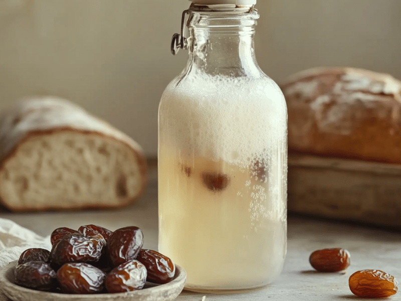 Hefe selbst machen: eine Flasche mit Hefewasser vor eignen Brotlaiben.