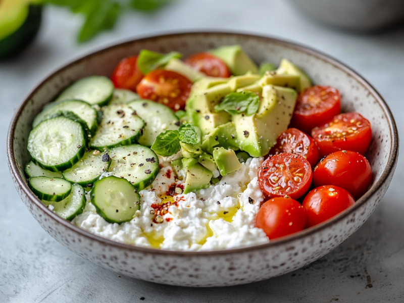 Ein herzhafte Hüttenkäse-Bowl mit Tomaten, Avocado und Gurke, die mit frischem Basilikum und Chiliflocken garniert und mit etwas Olivenöl beträufelt ist. Im Hintergrund ist eine Avocado-Hälfte zu erahnen, eine weitere Schüssel und Kräuter.