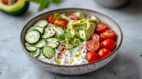 Ein herzhafte Hüttenkäse-Bowl mit Tomaten, Avocado und Gurke, die mit frischem Basilikum und Chiliflocken garniert und mit etwas Olivenöl beträufelt ist. Im Hintergrund ist eine Avocado-Hälfte zu erahnen, eine weitere Schüssel und Kräuter.