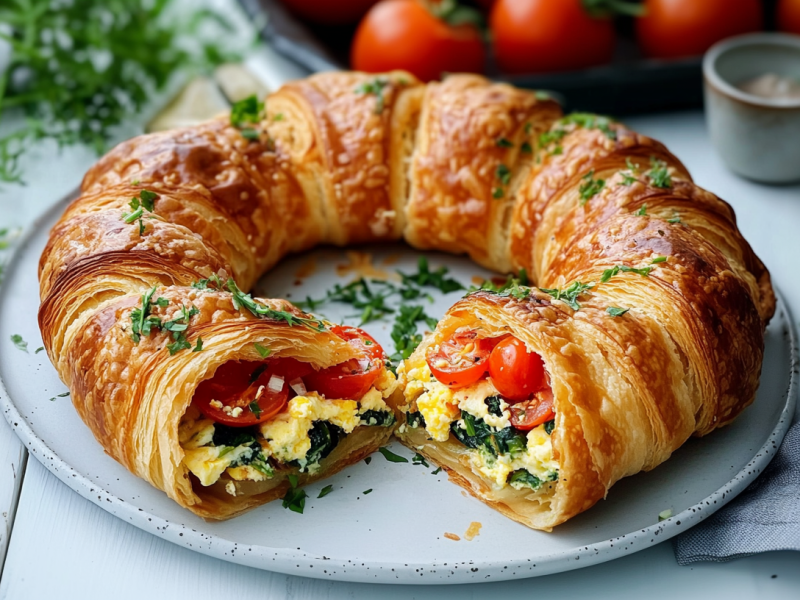 Ein herzhafter Croissant-Ring liegt auf einem grauen Teller. Im Hintergrund liegen einige frische Kräuter und Tomaten. Der Ring ist mit Rührei, Tomaten, Spinat und Frühlingszwiebeln gefüllt.