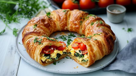 Ein herzhafter Croissant-Ring liegt auf einem grauen Teller. Im Hintergrund liegen einige frische Kräuter und Tomaten. Der Ring ist mit Rührei, Tomaten, Spinat und Frühlingszwiebeln gefüllt.