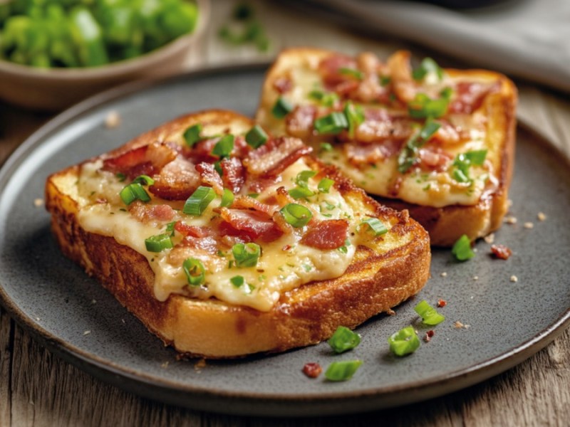 Zwei Scheiben herzhafter French Toast mit Speck und Käse auf einem Teller.