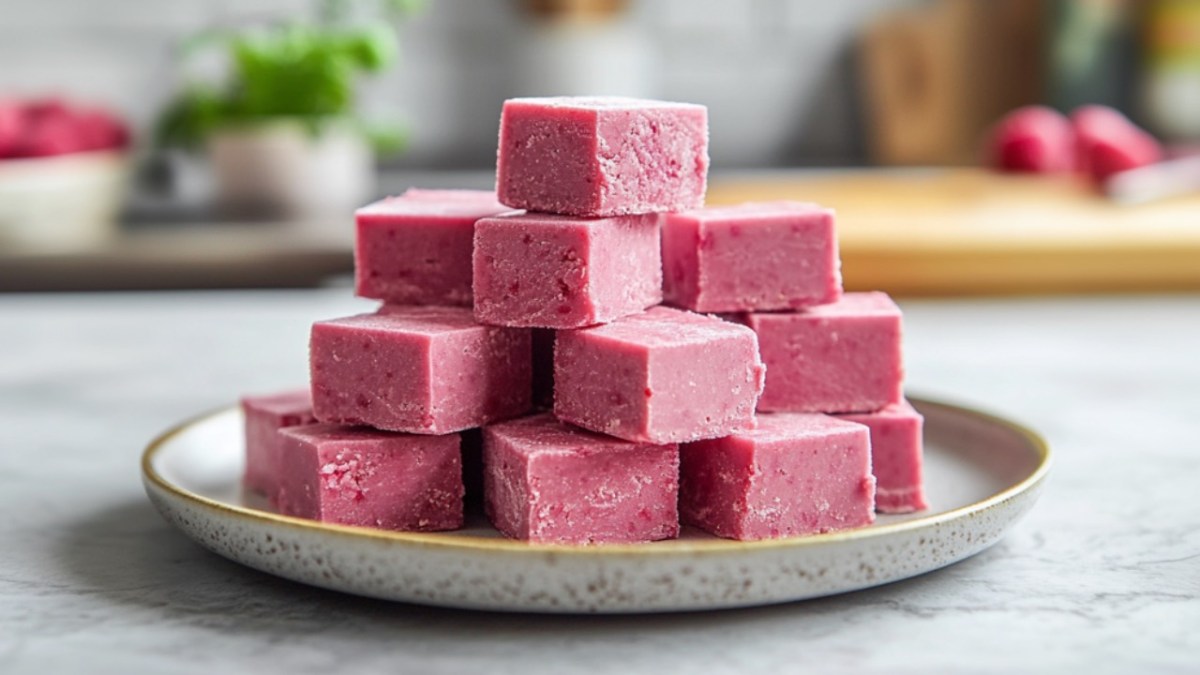 Ein Stapel Himbeer-Kokos-Fudge auf einem Teller.