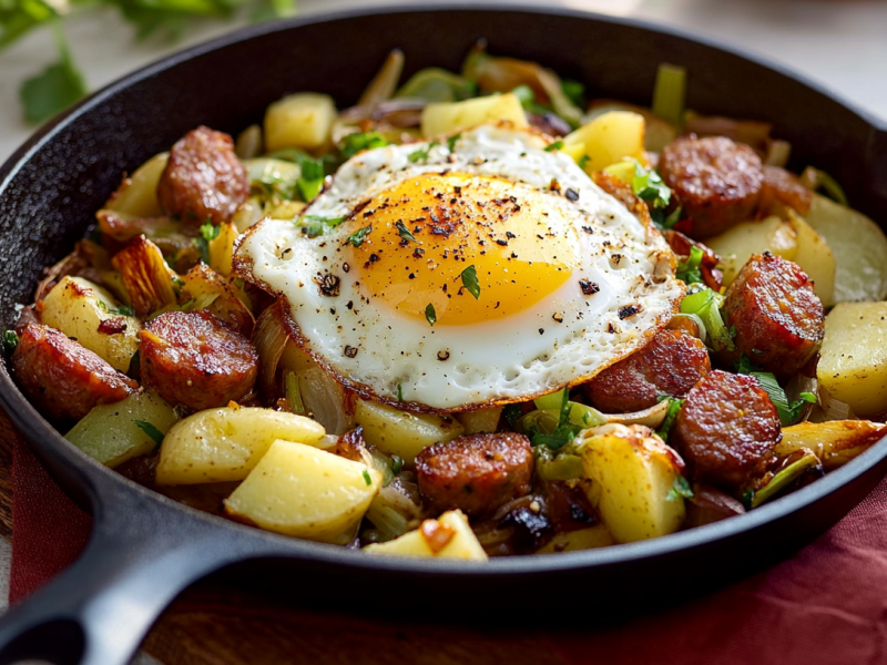 Holzfällerpfanne: Kartoffel-Lauch-Pfanne mit Wurst und Spiegelei.