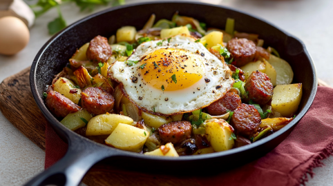 Holzfällerpfanne: Kartoffel-Lauch-Pfanne mit Wurst und Spiegelei.