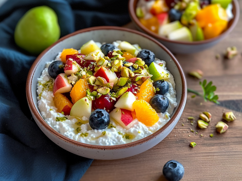 Eine Schüssel mit Hüttenkäse mit Obstsalat. Das Ganze ist mit gehackten Pistazien garniert. Der Obstsalat besteht aus Trauben, Apfel- und Orangenstücken und Blaubeeren. Die Schüssel steht auf einer Holzoberfläche, daneben liegt ein blaues Küchenhandtuch. Im Hintergrund kann man eine weitere Schüssel mit Hüttenkäse und Obstsalat sehen. Um die Schüsseln herum liegen einzelne Blaubeeren, ein Apfel, eine Orange und gehackte Pistazien.