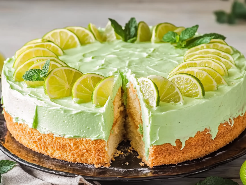 Hugo-Torte, dekoriert mit Limetten und Minze, auf einem Kuchenteller.