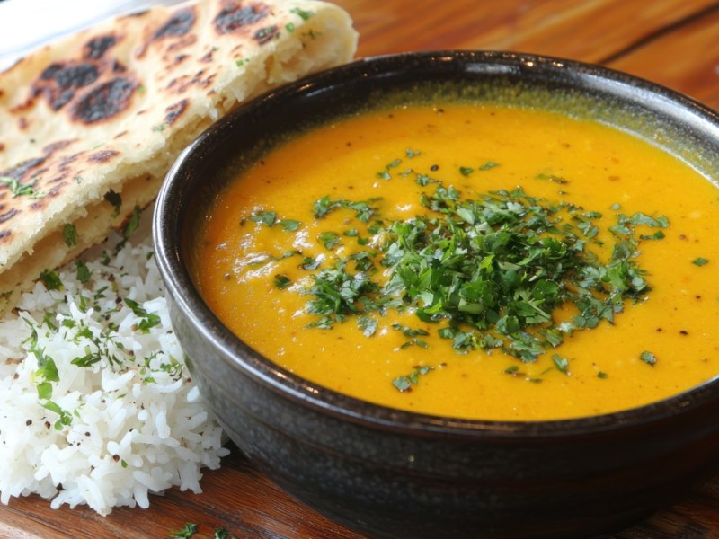 Eine Schüssel indische Gemüsesuppe. Daneben Reis und Naan.