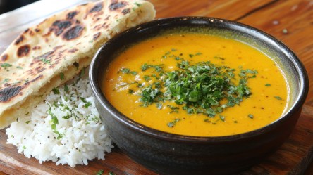 Eine Schüssel indische Gemüsesuppe. Daneben Reis und Naan.