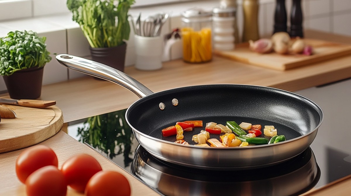 Eine Jamie Oliver Cooks Direct On Pfanne von Tefal, die auf einem Kochfeld steht. In der Pfanne liegt etwas gebratenes Gemüse. In der Küche die ringsum zu sehen ist, stehen Gefäße mit Kräutern, Kochzutaten und weitere Kochutensilien und Gewürzstreuer. Außerdem liegen ein paar einzelne Tomaten neben dem Herd und man kann ein Holzbrett auf der Arbeitsfläche daneben erkennen.