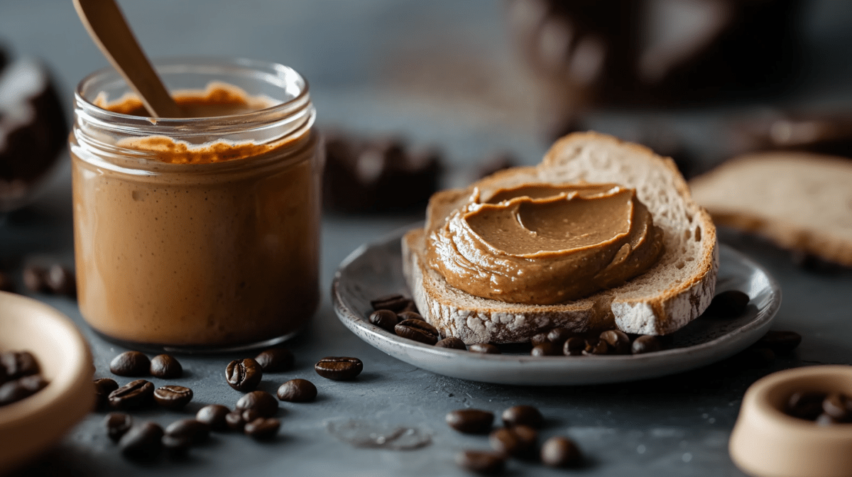 Ein Glas mit Kaffee-Aufstrich. Rechts daneben steht ein Teller mit einem Brot. Darauf ist ein wenig vom Kaffee-Aufstrich verteilt. Im Vordergrund liegen einige Kaffeebohnen verteilt. Im Hintergrund sieht man eine weitere Scheibe Brot.