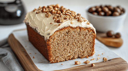 Ein aufgeschnittener Kaffee-Nuss-Kuchen mit Frischkäse-Frosting. Außerdem ist der Kuchen mit gehackten Nüssen getoppt. Der Kuchen liegt auf einem Stück Backpapier auf einem Holzbrett. In Hintergrund ist eine Schale mit Haselnüssen sowie ein Holzlöffel mit einzelnen Haselnüssen drauf zu sehen. Im Hintergrund kann man zudem eine Kaffeekanne mit schwarzem Kaffee erahnen.