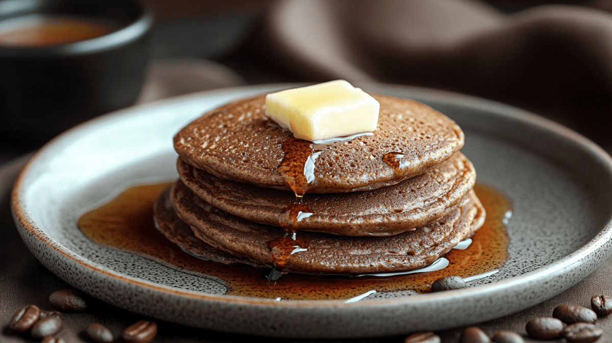 Ein Teller mit einem Stapel Kaffee-Pancakes, die mit einem kleinen Stück Butter und mit Ahornsirup serviert werden. Um den Teller herum liegen Kaffeebohnen. Im Hintergrund ist ein drapiertes braunes Tuch und eine Tasse Kaffee zu sehen.