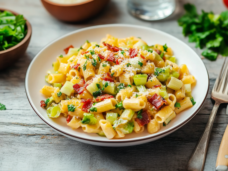 Eine Portion karamellisierte Lauch-Pasta in einem weißen Teller auf einem hölzernen Untergrund. Links neben dem Teller steht eine Schale mit weiterem Lauch. Rechts neben dem Teller liegen Messer und Gabel.