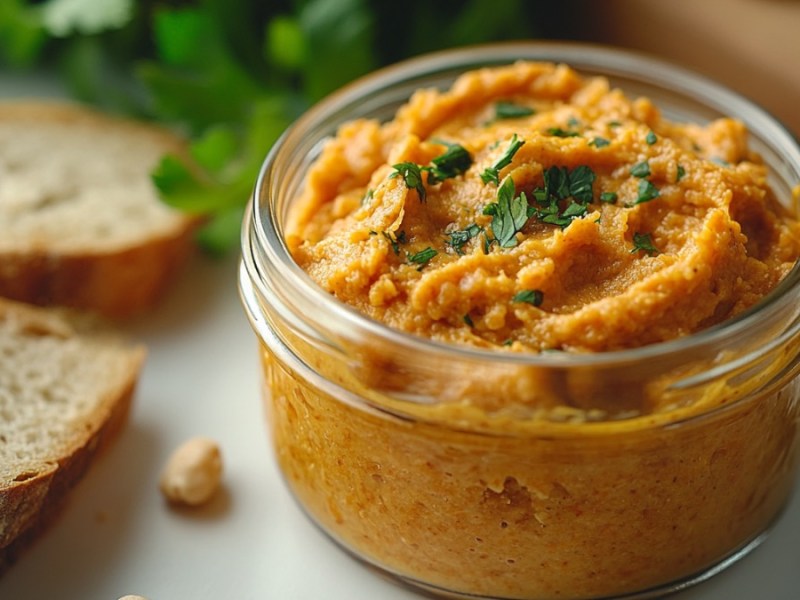 Ein Gläschen Karotten-Cashew-Aufstrich mit Ingwer. Daneben liegen Brotscheiben.