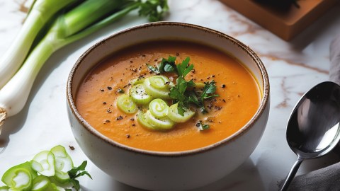 Eine Schüssel Karotten-Lauch-Suppe.