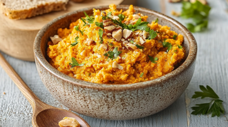 Eine Schüssel voll mit Karotten-Nuss-Aufstrich, der mit einigen gehackten Nüssen sowie frischer Petersilie garniert ist. Neben der Schale lieft ein Holzlöffel mit etwas Aufstrich auf der Arbeitsfläche. Außerdem liegt frische Petersilie verstreut. Im Hintergrund kann man ein Holzbrett erkennen, auf dem etwas Brot liegt.