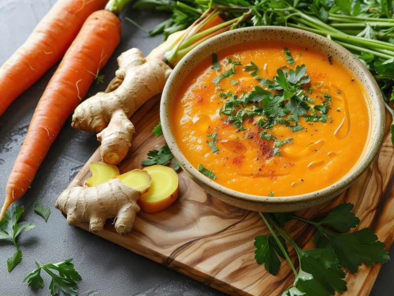Teller Karotten-Ingwer-Suppe mit Orange auf einem Tisch mit Karotten und Ingwer daneben