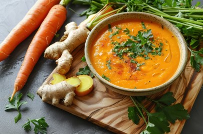 Teller Karotten-Ingwer-Suppe mit Orange auf einem Tisch mit Karotten und Ingwer daneben