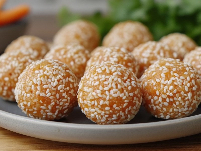 Karotten-Sesam-Bällchen auf einem Teller.