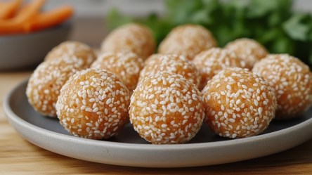 Karotten-Sesam-Bällchen auf einem Teller.