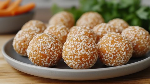 Karotten-Sesam-Bällchen auf einem Teller.