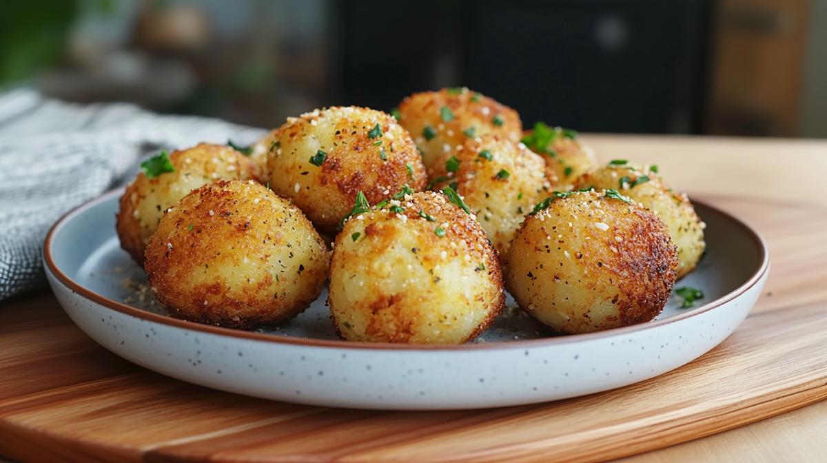 Ein Teller mit einigen Kartoffel-Hirse-Bällchen, die mit frischer gehackter Petersilie garniert sind. Der Teller steht auf einem Holzbrett. Links daneben liegt ein helles Küchenhandtuch. Den Hintergrund kann man nur verschwommen erkennen.