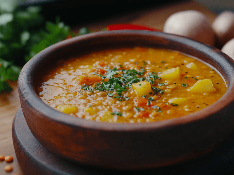 Eine rustikale Tonschüssel mit Kartoffel-Linsensuppe.