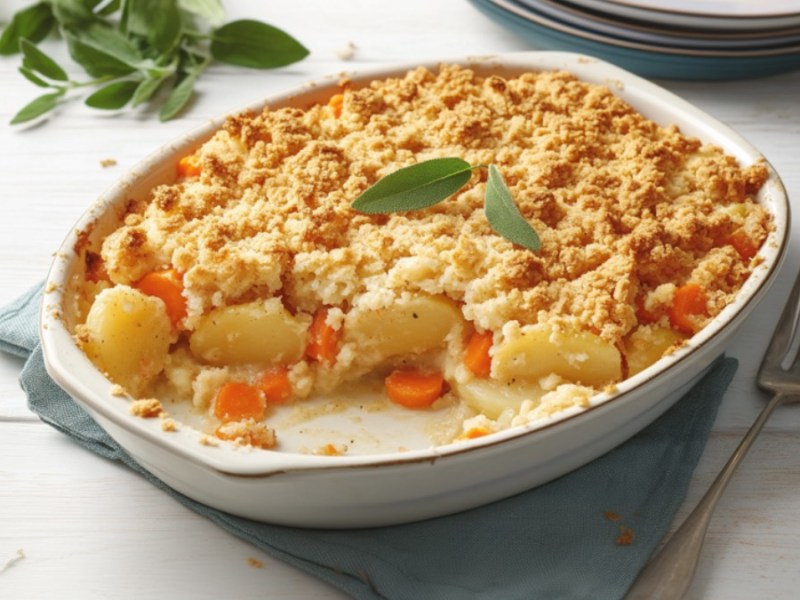 Ein Kartoffel-Möhren-Auflauf mit Streuseldecke in einer ovalen Form.