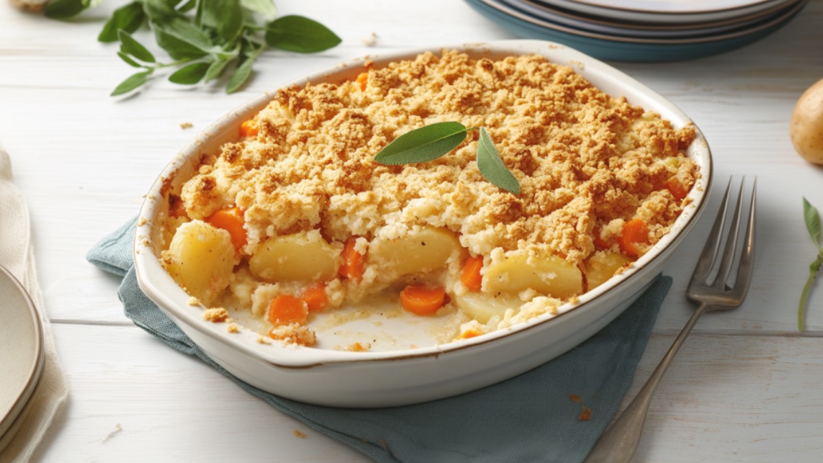 Ein Kartoffel-Möhren-Auflauf mit Streuseldecke in einer ovalen Form.