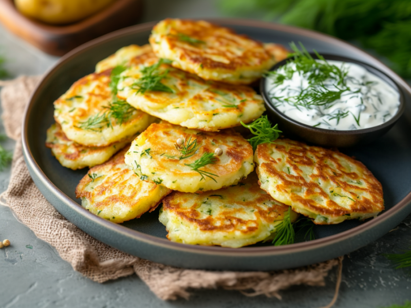 Ein großer Teller voll mit Kartoffelpuffern aus Kartoffelbrei, die mit einem Meerrettich-Dill-Dip serviert werden. Die Puffer sind mit frischem Dill garniert. Der Teller steht auf einem braunen Tuch aus Sackstoff. Im Hintergrund ist ein Holzbrett mit einer Kartoffel zu erahnen. Außerdem kann man einen Bund frischen Dill erkennen. Um den Teller herum liegen Dill und Pfefferkörner verstreut.