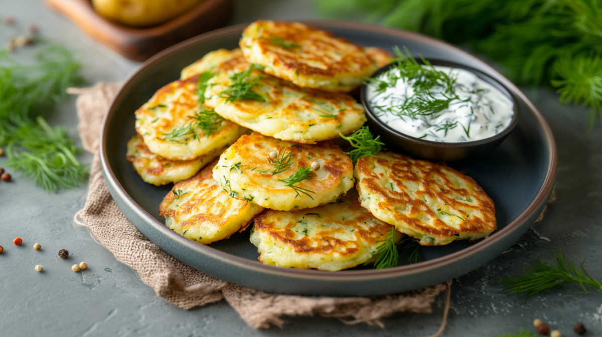 Ein großer Teller voll mit Kartoffelpuffern aus Kartoffelbrei, die mit einem Meerrettich-Dill-Dip serviert werden. Die Puffer sind mit frischem Dill garniert. Der Teller steht auf einem braunen Tuch aus Sackstoff. Im Hintergrund ist ein Holzbrett mit einer Kartoffel zu erahnen. Außerdem kann man einen Bund frischen Dill erkennen. Um den Teller herum liegen Dill und Pfefferkörner verstreut.