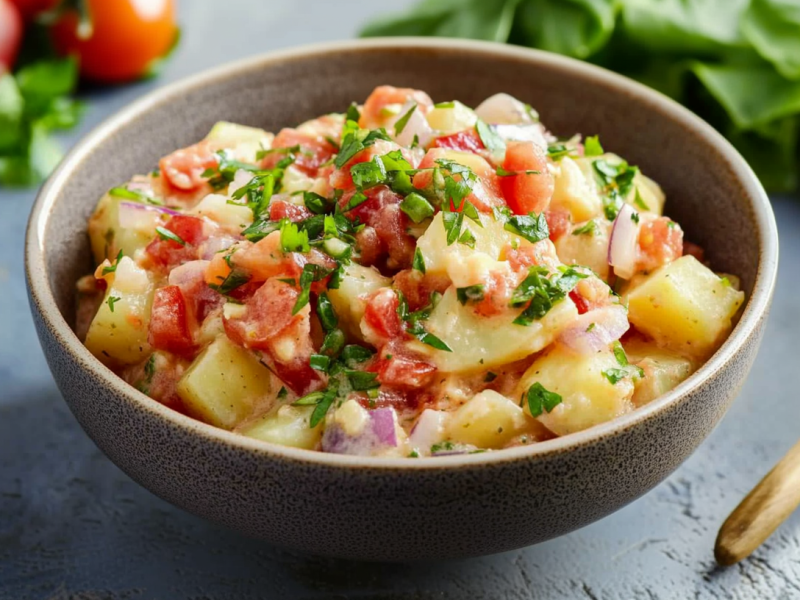 Eine Schüssel Kartoffelsalat mit Salsadressing. Der Salat ist mit frischen Kräutern bestreut. Im Hintergrund sieht man noch Tomaten und frischen Salat liegen.