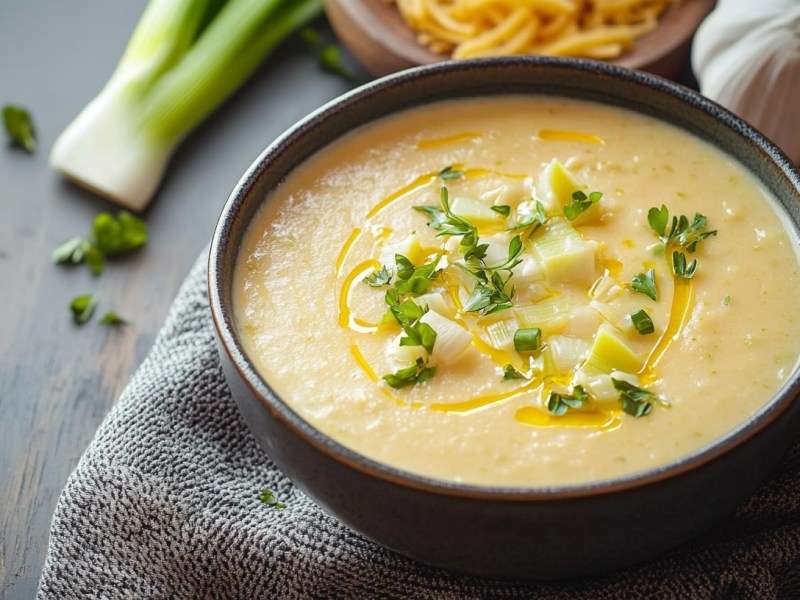 Schüssel mit Käse-Lauch-Suppe