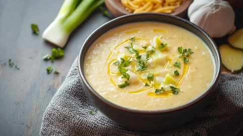 Schüssel mit Käse-Lauch-Suppe
