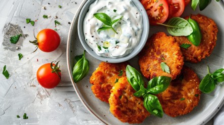 Kidneybohnen-Frikadellen auf einem Teller. Ein Schälchen Dip steht mit auf dem Teller.