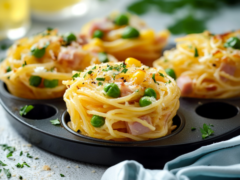 Vier kleine Nudelnester in einer Muffinform. Sie sind mit Erbsen, Mais und Schinken zubereitet. Im Vordergrund liegt ein TUch, im Hintergrund sieht man Flaschen mit Öl sowie frische Kräuter.