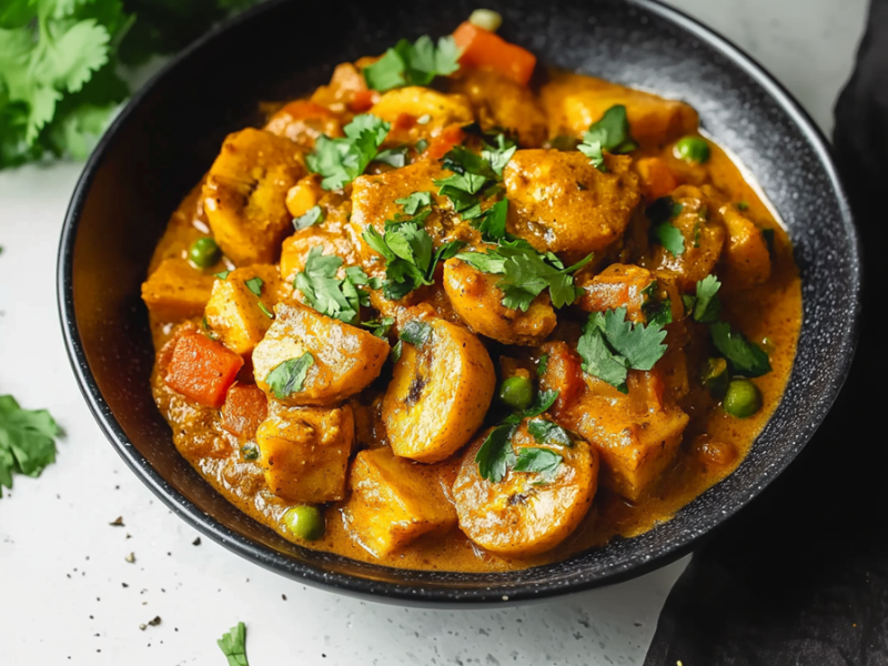 Ein Teller mit Kochbananen-Süßkartoffel-Curry, das mit frischem Koriander garniert ist. Neben dem Teller liegt ein schwarzes Küchentuch. Außerdem liegt frischer Koriander verstreut.