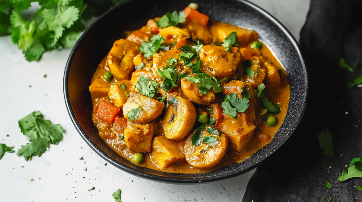 Ein Teller mit Kochbananen-Süßkartoffel-Curry, das mit frischem Koriander garniert ist. Neben dem Teller liegt ein schwarzes Küchentuch. Außerdem liegt frischer Koriander verstreut.