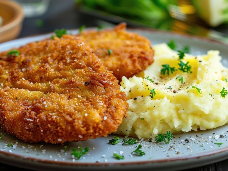 Ein Teller mit Kohlrabi-Schnitzel und Kartoffelpüree