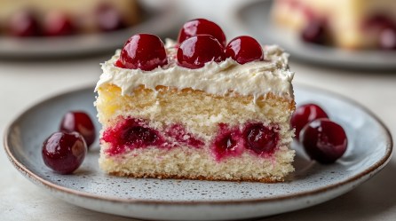 Ein Stück Kokos-Kirsch-Kuchen mit Sahnehaube auf einem Teller, garniert mit Kirschen. Im Hintergrund unscharf mehr Kuchen.